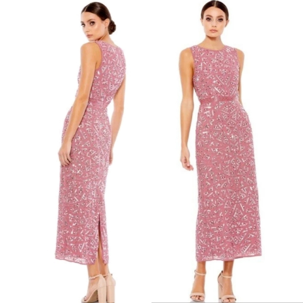 NWT Mac Duggal 93550 Pink Sleeveless‎ Geometric Sequin Beaded Midi Dress Size 4
